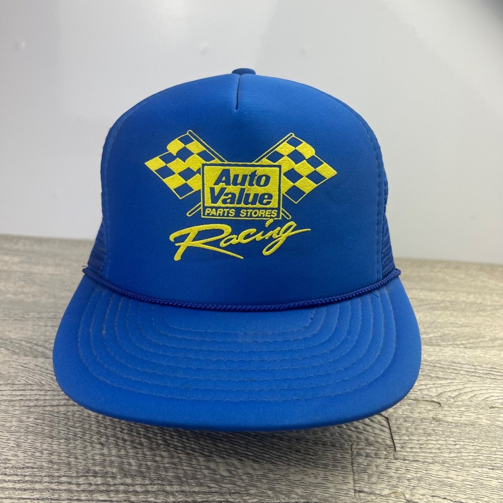 Vintage 90s Auto Value Racing Trucker Hat Cap Snap Back Adjustable Blue Nascar